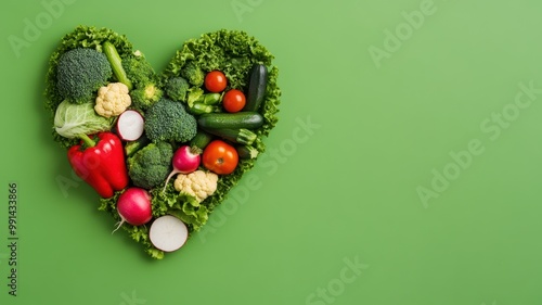 Vegetables arranged in a heart shape on a green background, symbolizing health and love for fresh produce.