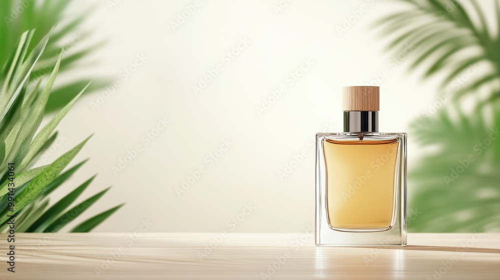 Perfume bottle on a wooden surface with lush green leaves in a soft, inviting atmosphere. Perfume bottle on a wooden surface with lush green leaves in a soft, inviting atmosphere.