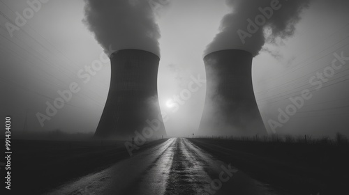 A black-and-white of two massive industrial cooling towers releasing thick clouds of smoke color vibrant green into the foggy air, set against an eerie, desolate landscape. The road and power lines ar photo