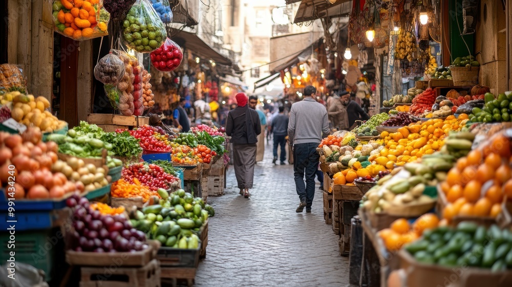 Fototapeta premium Bustling street market with local vendors and colorful produce showing a diverse array of fruits vegetables and spices with shoppers browsing the stalls