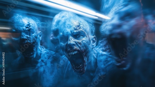 Wallpaper Mural Digitally altered depiction of a human face with a ghostly, blue-toned overlay, giving it a supernatural or horror-themed appearance Torontodigital.ca