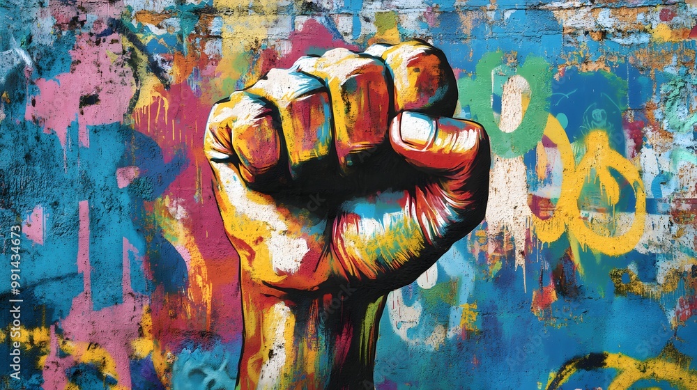 Obraz premium A Colorful Fist Graffiti on a Textured Wall