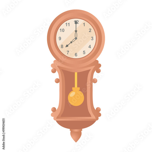 Pendulum clock in flat design. Vintage classic wooden clock for wall. Vector illustration isolated.