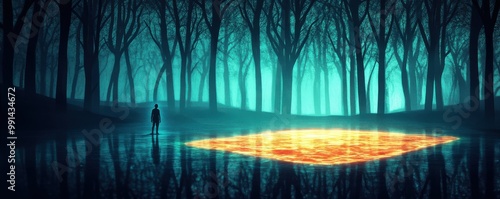 A mysterious scene in a dark forest, with glowing lava highlighting a serene figure amidst the eerie atmosphere.