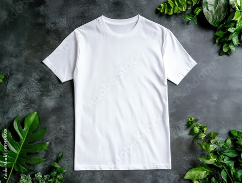 Plain white t-shirt on a textured surface surrounded by greenery. photo