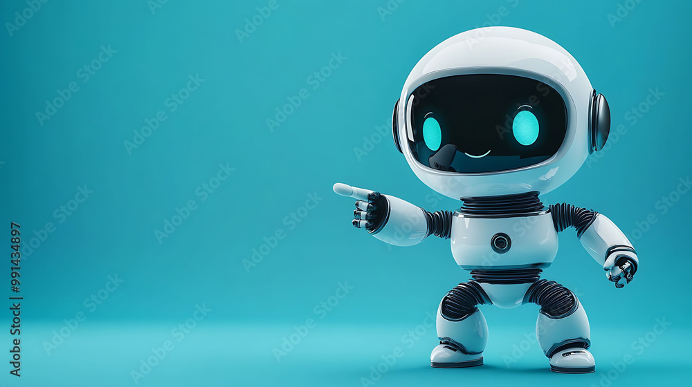 Cute white robot with blue eyes pointing to the right on a blue background. Cute white robot with blue eyes pointing to the right on a blue background.