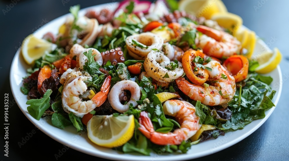 A vibrant seafood salad with mixed greens, calamari, shrimp, and octopus, beautifully arranged on a white plate with lemon slices. A vibrant seafood salad with mixed greens, calamari, shrimp, and octopus, beautifully arranged on a white plate with lemon slices.