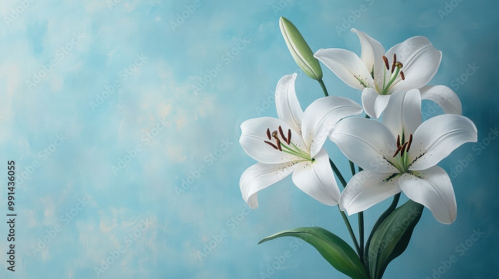Fototapeta premium Minimalist abstract artwork showcasing delicate white lilies against a calming, powder blue backdrop