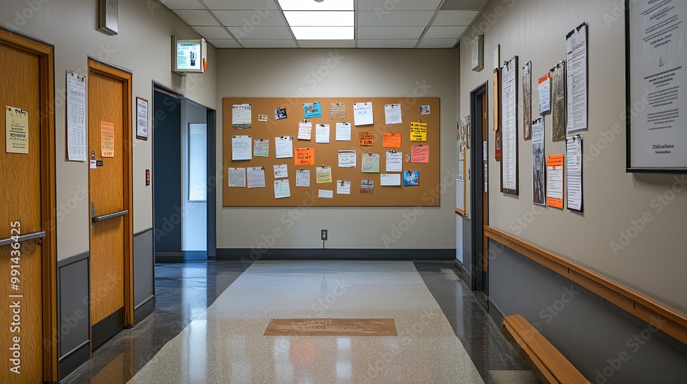 A hallway featuring doors and a bulletin board filled with various notices and documents. A hallway featuring doors and a bulletin board filled with various notices and documents.