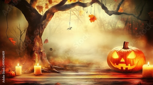 A spooky Halloween setup featuring a carved pumpkin, candles, and a gnarled tree on a wooden table. The scene is set in a fantasy autumn forest, creating an eerie atmosphere perfect for Halloween cele photo