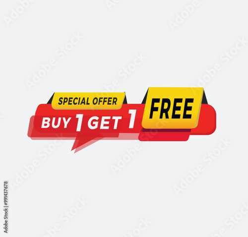 Buy 1 get 1 free, Color Sticker. Promotional banner, promo element Marketing announcement. vector illustration.