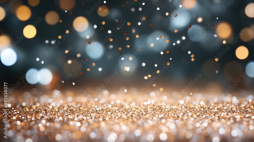 A mesmerizing scene of golden glitter with soft bokeh lights in the background, perfect for festive and celebratory themes. A mesmerizing scene of golden glitter with soft bokeh lights in the background, perfect for festive and celebratory themes.