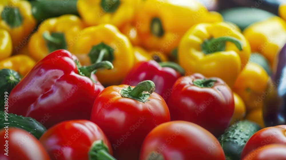 Fresh red and yellow bell peppers with green cucumbers on a vibrant market display