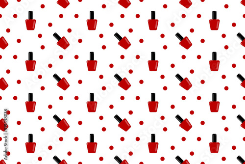 Red nail polish bottles pattern background with confetti. Vector Illustration