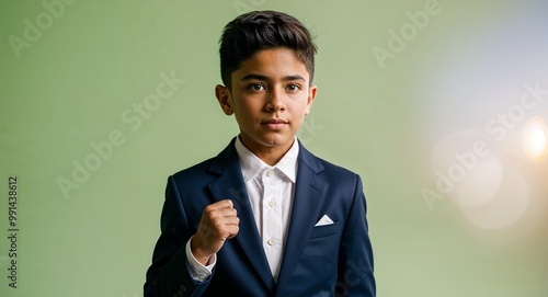 Young Hispanic boy in a wellfitted blazer posing dramatically against a light green background photo