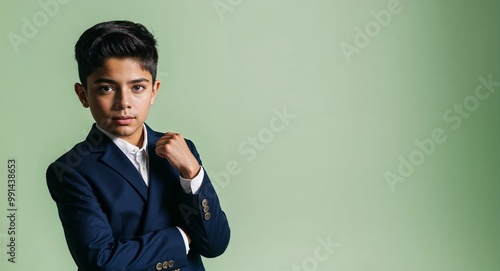 Young Hispanic boy in a wellfitted blazer posing dramatically against a light green background photo