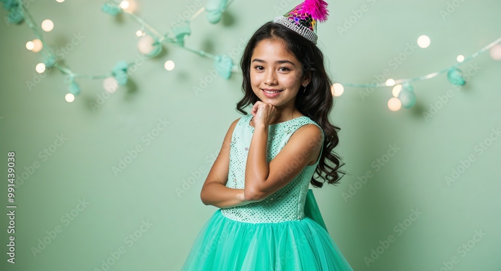 Young Hispanic girl in a stylish party dress posing sweetly against a soft mint background Young Hispanic girl in a stylish party dress posing sweetly against a soft mint background