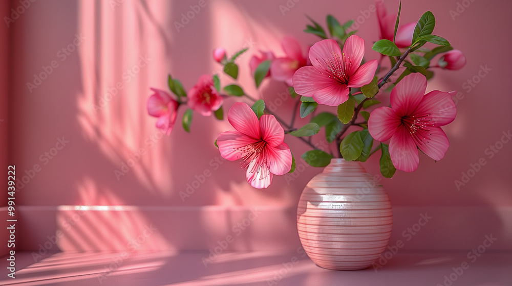 Vibrant pink flowers in a striped vase against a soft pink background.. Vibrant pink flowers in a striped vase against a soft pink background..