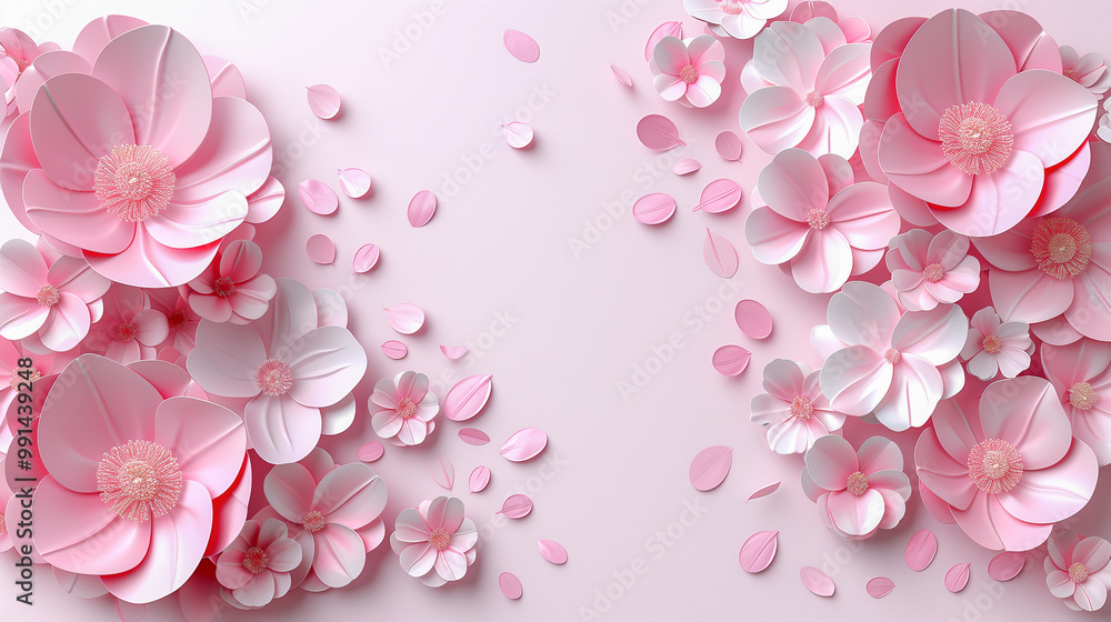 Pink and white paper flowers with scattered petals on soft background.. Pink and white paper flowers with scattered petals on soft background..