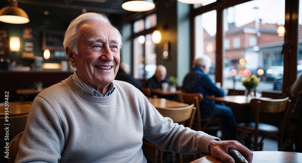 Cheerful elderly Caucasian man wearing a sweater in a quiet cafe Cheerful elderly Caucasian man wearing a sweater in a quiet cafe