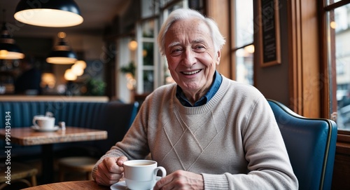 Cheerful elderly Caucasian man wearing a sweater in a quiet cafe