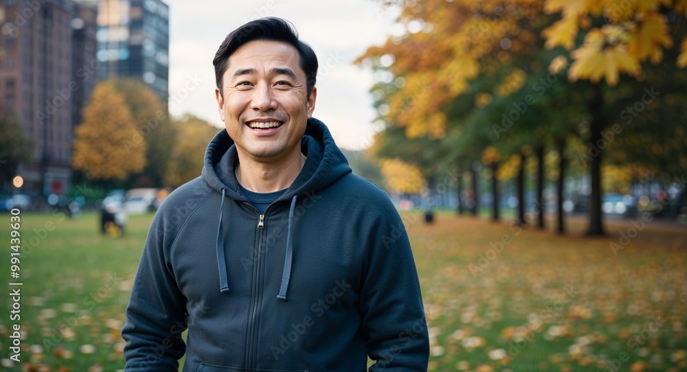 Cheerful middleaged Asian man wearing a hoodie in a park during autumn Cheerful middleaged Asian man wearing a hoodie in a park during autumn