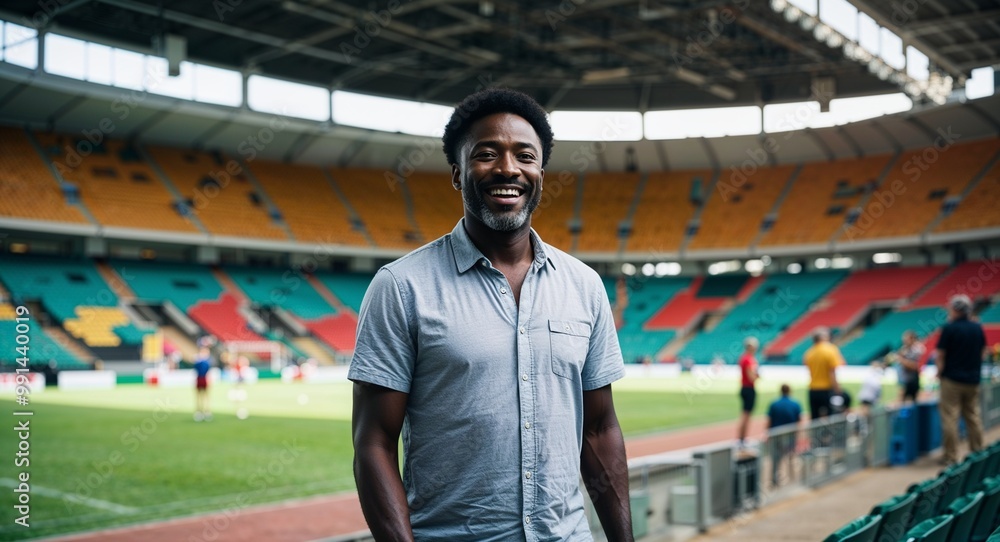 Fototapeta premium Cheerful middleaged Black man wearing a casual shirt in a stadium during a sports event