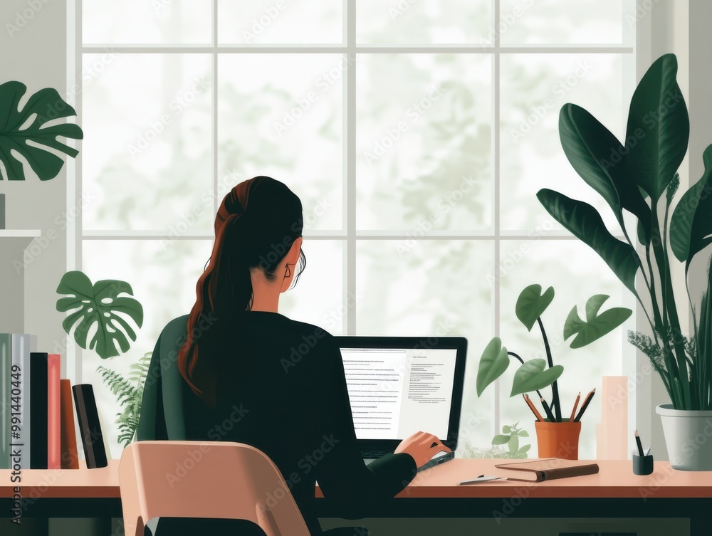 A focused individual working on a laptop at a stylish desk surrounded by greenery and natural light, promoting productivity and tranquility. A focused individual working on a laptop at a stylish desk surrounded by greenery and natural light, promoting productivity and tranquility.