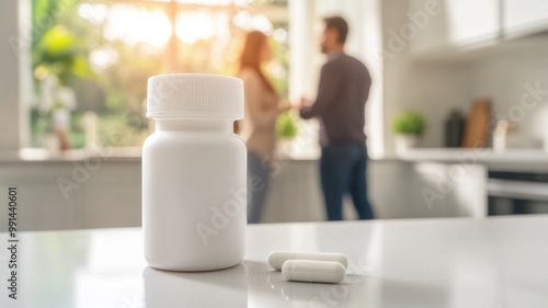 A white pill bottle and capsules on a kitchen table, with a couple talking in the background, conveying health and wellness.