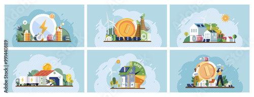 Green technology concept. Various scenes with renewable energy sources, sustainable buildings, electric transportation, and eco-friendly practices. Ideal for clean energy, sustainability, urban