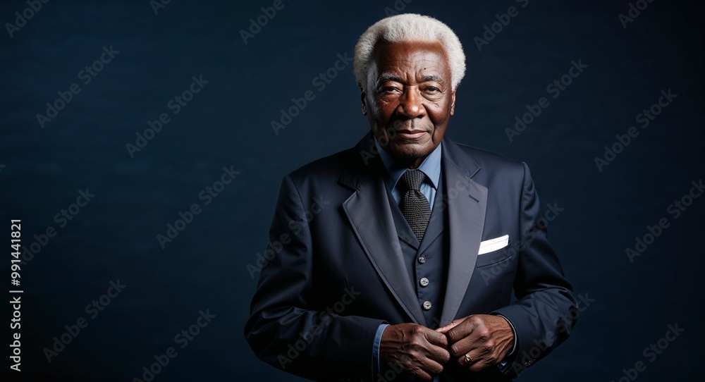 Fototapeta premium Elderly Black man in a refined blazer posing sharply against a deep navy background