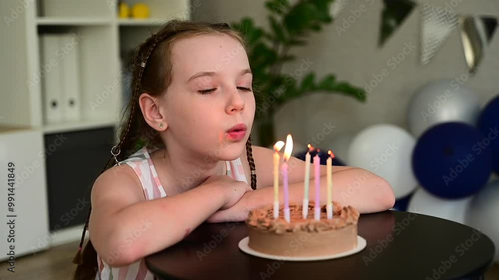 little happy girl lights candles on birthday cake and makes a wish