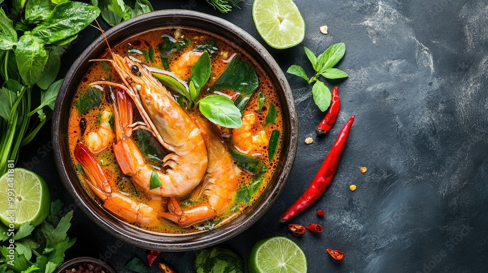 A vibrant top view of Tom Yum Goong soup with shrimp, surrounded by fresh herbs, lime, and chili, beautifully presented on a traditional Thai table. A vibrant top view of Tom Yum Goong soup with shrimp, surrounded by fresh herbs, lime, and chili, beautifully presented on a traditional Thai table.