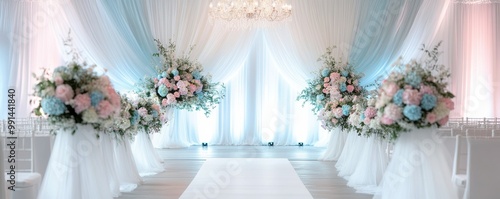 Elegant wedding ceremony setup with pastel floral arrangements, draped fabric, and soft lighting creating a romantic atmosphere.