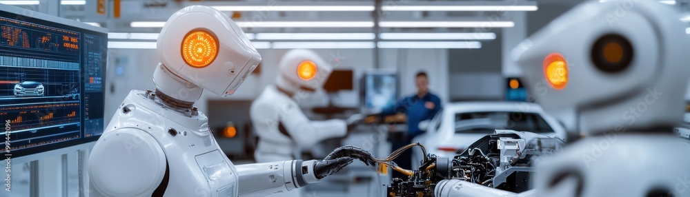 Fototapeta premium Futuristic robotics workshop showcasing advanced robots assembling modern technology. A glimpse into the automated future.