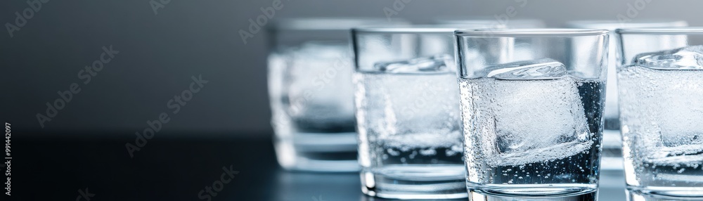 A close-up of crystal clear glasses filled with ice cubes, perfect for refreshing beverages and elegant drink presentations. A close-up of crystal clear glasses filled with ice cubes, perfect for refreshing beverages and elegant drink presentations.
