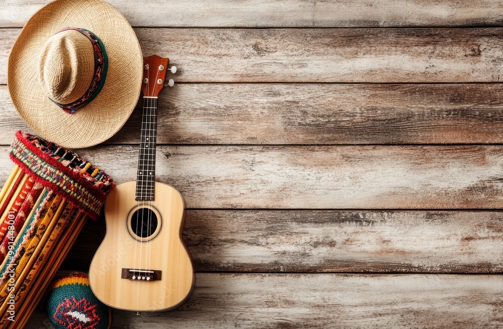 Obraz premium Ukulele, Hat and Tambourine on Wooden Background