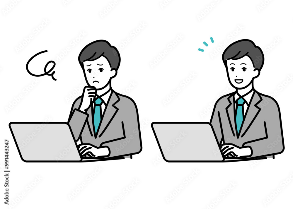 Illustration set of businessperson man operating a personal computer.
