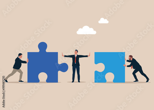 Partner separating two jigsaw puzzle elements. Conflict and argument between colleagues, difference opinion, disagree, confrontation. Fight back win over difficulty. Flat vector illustration