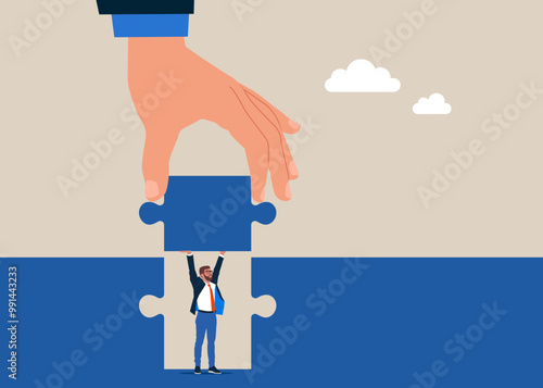 Hand connect a jigsaw puzzle together to create a bridge, but the partner resists. Conflict and argument between colleagues, difference opinion, disagree, confrontation. Flat vector illustration