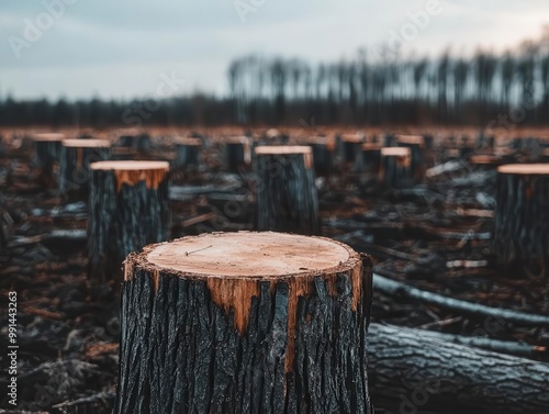 Tree stumps in a deforested area, showcasing the impact on the environment.