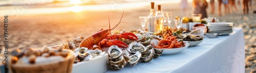 An elegant seafood feast on the beach at sunset, featuring a variety of fresh seafood dishes and a stunning ocean view. photo