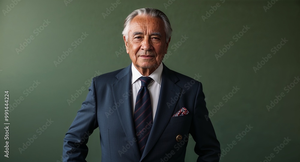 Elderly Hispanic man in a welltailored suit posing sharply against a muted green background Elderly Hispanic man in a welltailored suit posing sharply against a muted green background