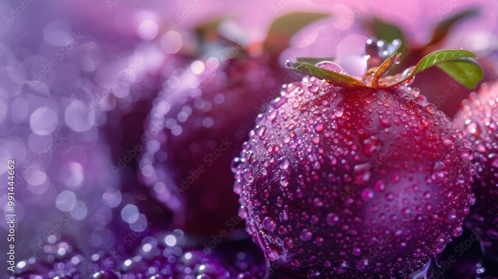 Purple Plum Delights: Close-up shot of vibrant purple plums glistening with water droplets, creating a luscious and refreshing image. perfect for food blogs, culinary websites. Purple Plum Delights: Close-up shot of vibrant purple plums glistening with water droplets, creating a luscious and refreshing image. perfect for food blogs, culinary websites.