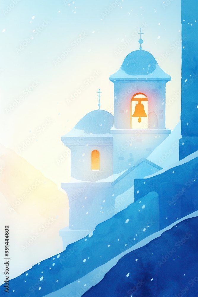 Enchanted bell tower, glowing softly with snow falling around, mystical village charm Enchanted bell tower, glowing softly with snow falling around, mystical village charm
