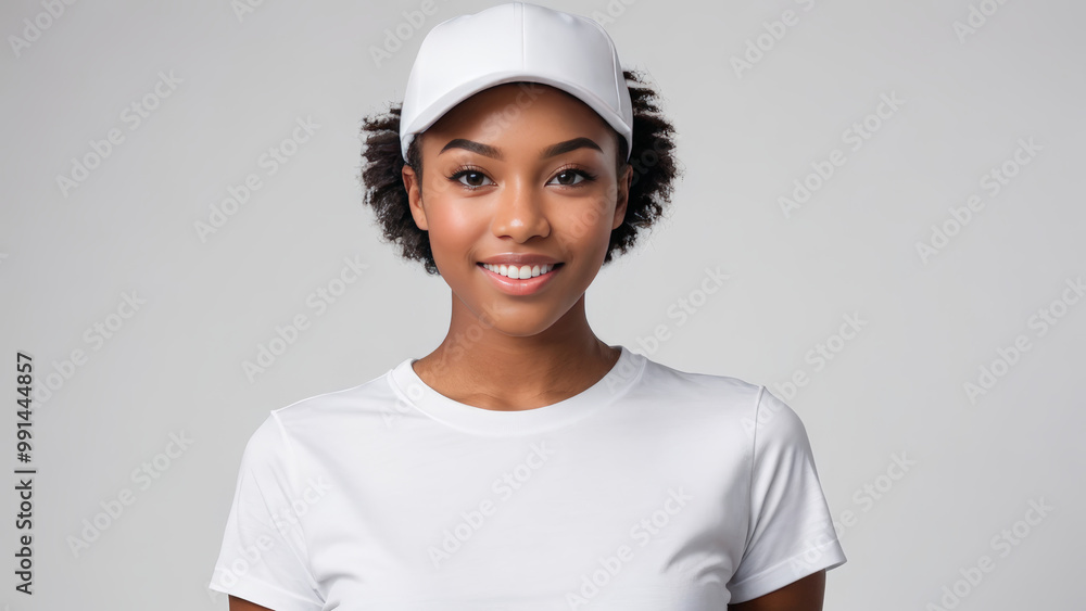 Young black woman with short hair wearing white t-shirt and white baseball cap isolated on grey background Young black woman with short hair wearing white t-shirt and white baseball cap isolated on grey background