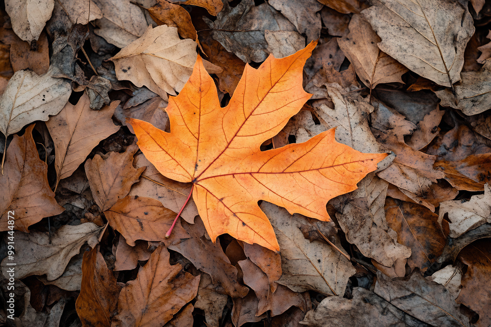 Bright orange maple leaf resting on dry autumn foliage, symbolizing seasonal change Bright orange maple leaf resting on dry autumn foliage, symbolizing seasonal change