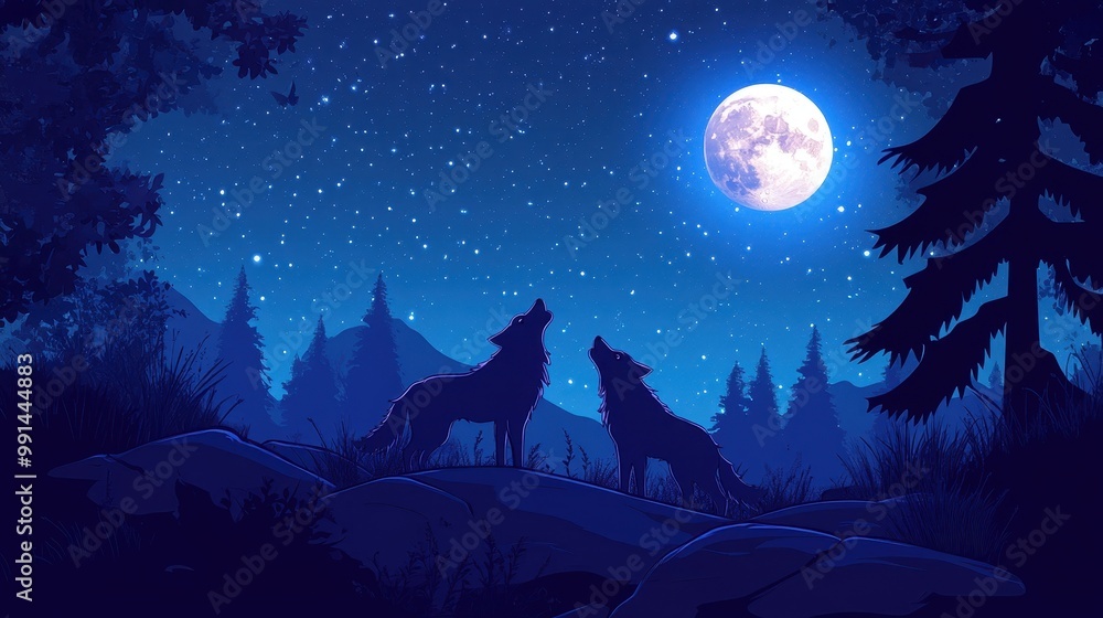 Two Wolves Howling at the Moon in a Starry Night Two Wolves Howling at the Moon in a Starry Night