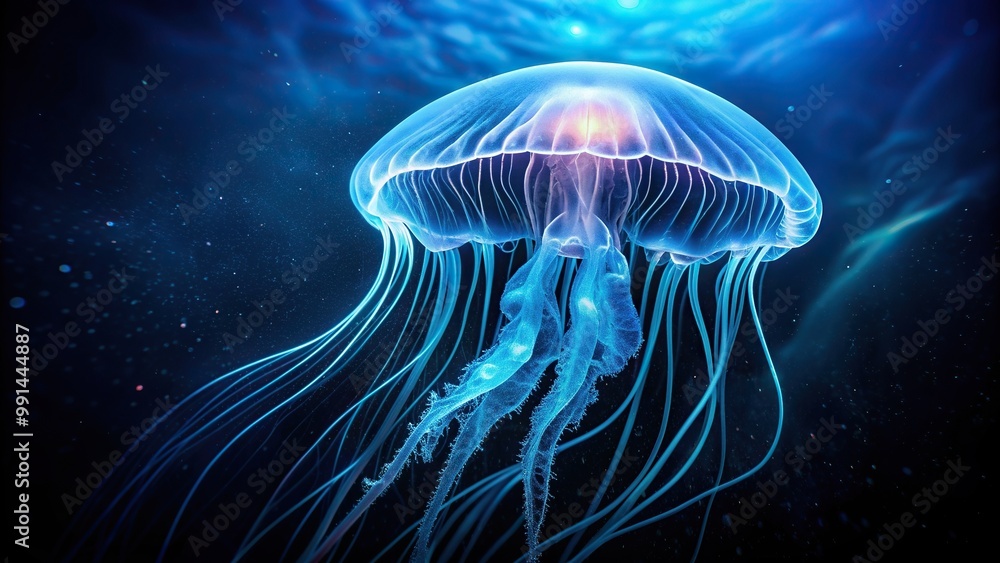 Naklejka premium Bioluminescent jellyfish glowing in the dark depths of the ocean, magical, underwater, nature, glow-in-the-dark, underwater photography, luminescent, underwater world, aquatic, dark