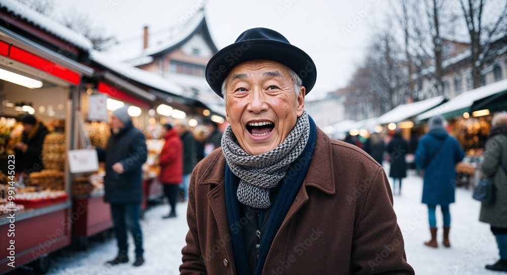 Excited elderly Asian man wearing a scarf at a winter market Excited elderly Asian man wearing a scarf at a winter market